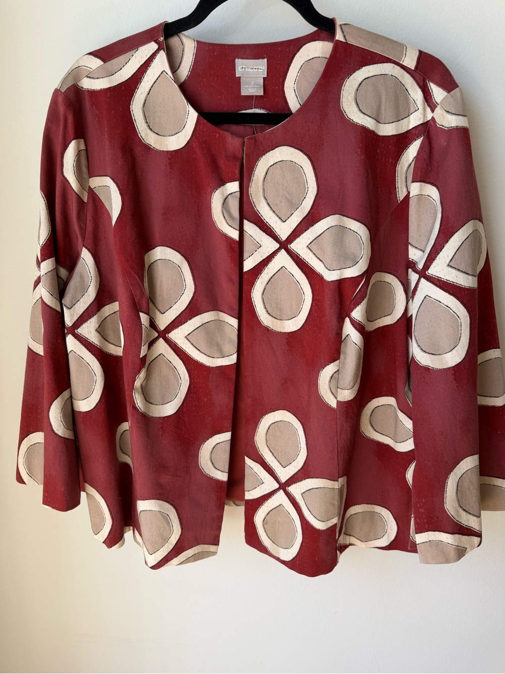 Chico's Red Open-Front Floral Motif Jacket